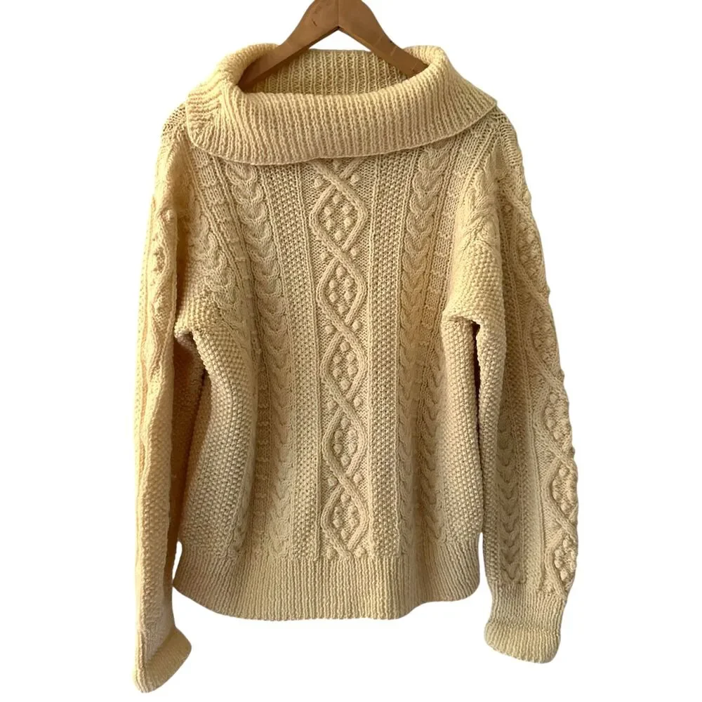 Handmade Cream Knitted Cable Knit Turtleneck Sweater Size L (see measurements)